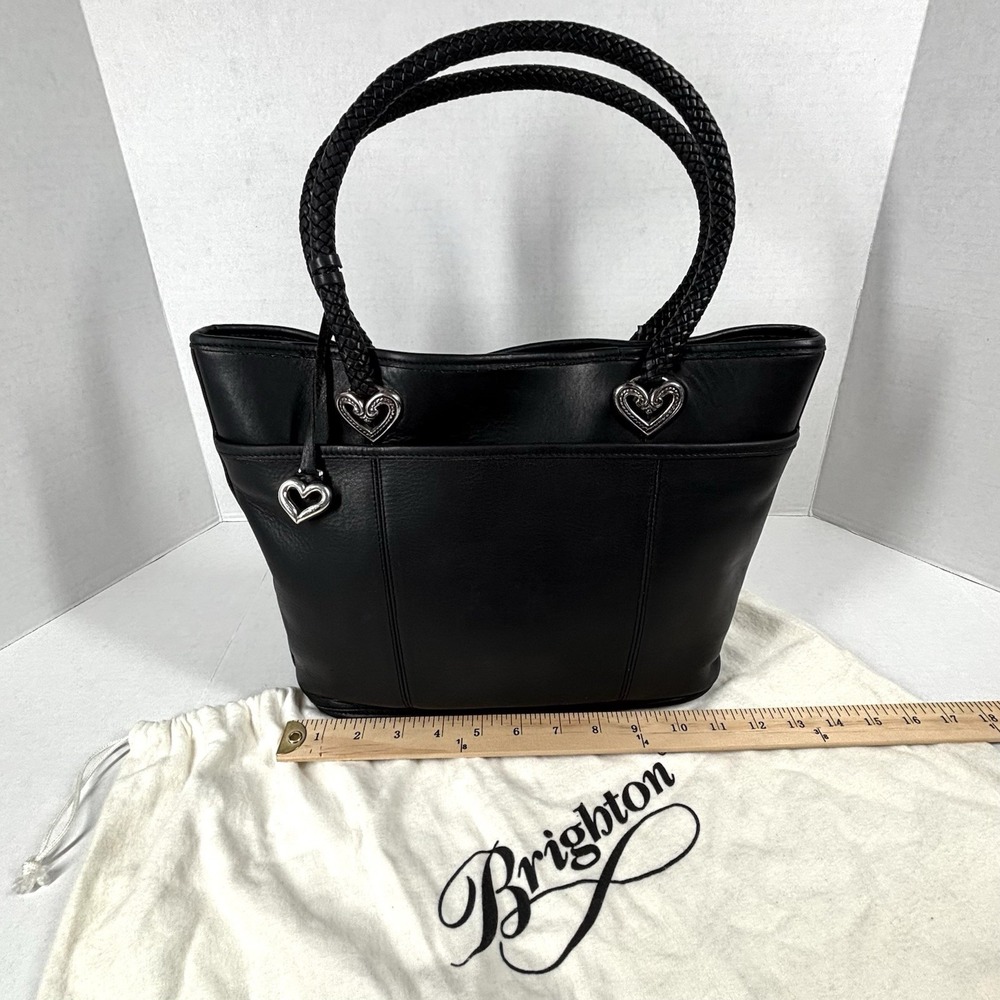 VTG Brighton Black Leather Bucket Purse Heart Charm Dust Bag 90s Weave Handle EC - Picture 3 of 10